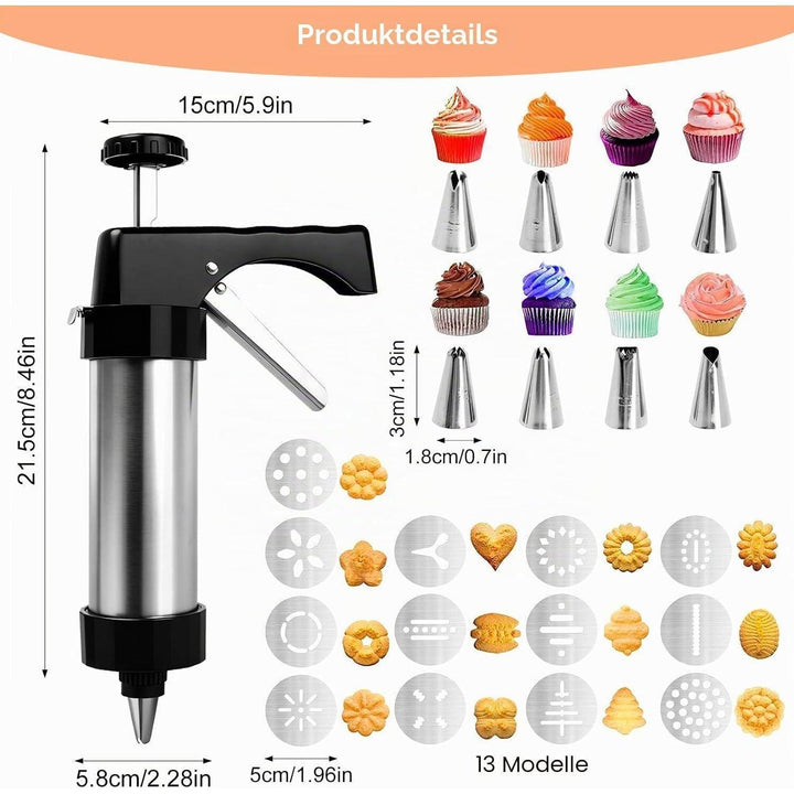 Gebäckpresse Set aus Edelstahl mit 13 Formen | Spritzgebäckpresse mit 8 Tüllen und Silikonspatel für Kekse, Kuchen und Desserts