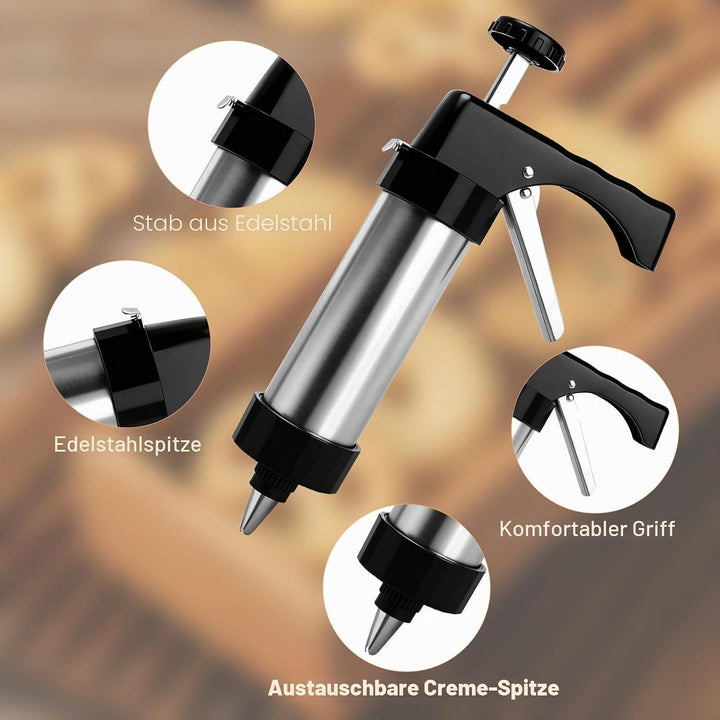 Gebäckpresse Set aus Edelstahl mit 13 Formen | Spritzgebäckpresse mit 8 Tüllen und Silikonspatel für Kekse, Kuchen und Desserts