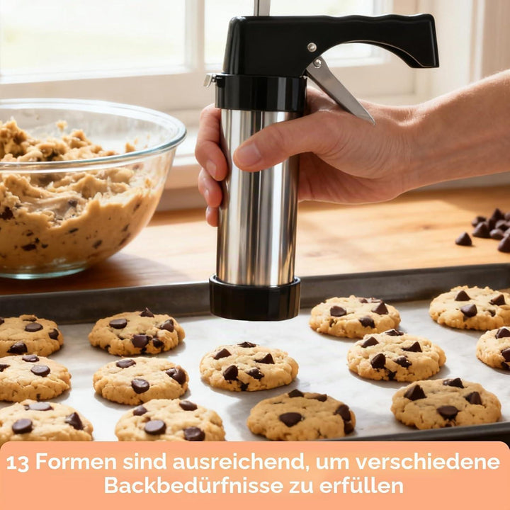 Gebäckpresse Set aus Edelstahl mit 13 Formen | Spritzgebäckpresse mit 8 Tüllen und Silikonspatel für Kekse, Kuchen und Desserts
