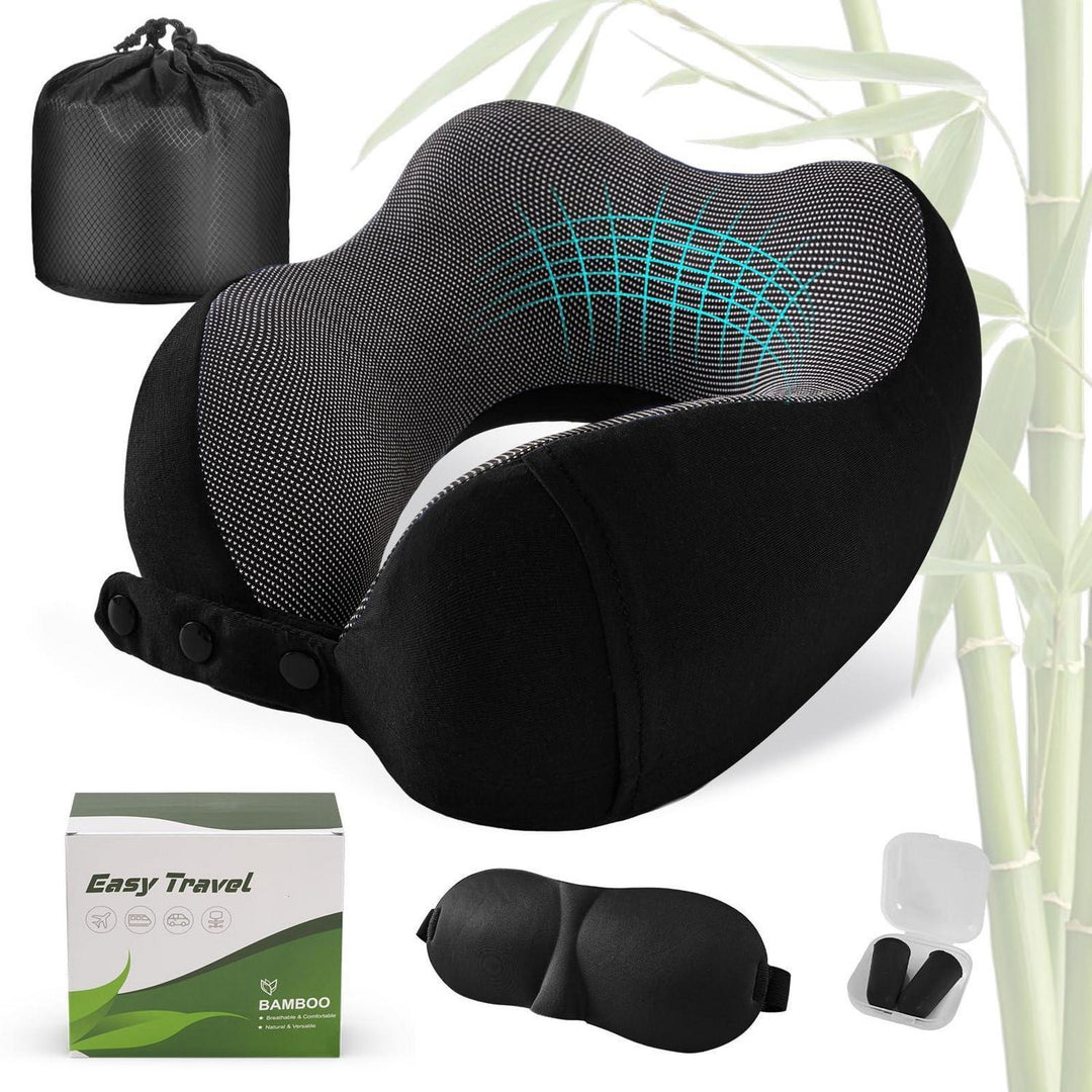 Nackenkissen Memory Foam Schwarz für Flugzeug und Auto | Verstellbares Reisekissen mit waschbarem Bambusbezug und Reisezubehör