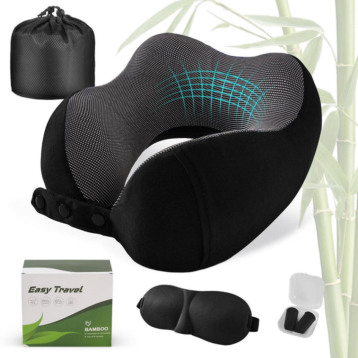 Nackenkissen Memory Foam Schwarz für Flugzeug und Auto | Verstellbares Reisekissen mit waschbarem Bambusbezug und Reisezubehör