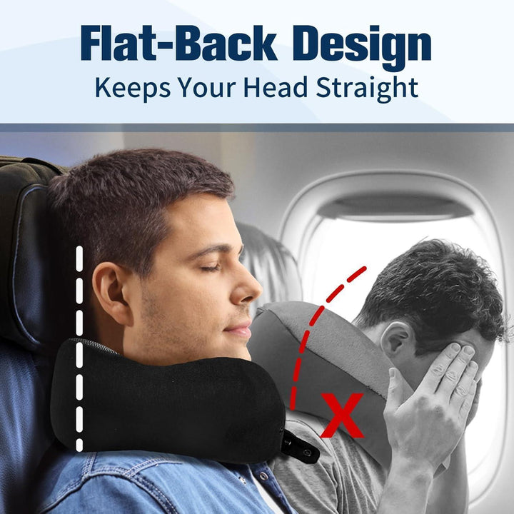 Nackenkissen Memory Foam Schwarz für Flugzeug und Auto | Verstellbares Reisekissen mit waschbarem Bambusbezug und Reisezubehör
