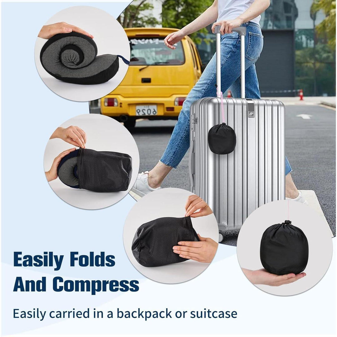 Nackenkissen Memory Foam Schwarz für Flugzeug und Auto | Verstellbares Reisekissen mit waschbarem Bambusbezug und Reisezubehör
