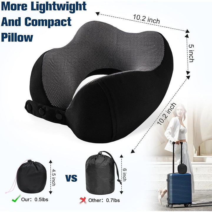 Nackenkissen Memory Foam Schwarz für Flugzeug und Auto | Verstellbares Reisekissen mit waschbarem Bambusbezug und Reisezubehör