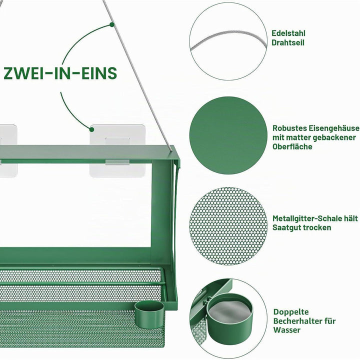Vogelfutterhaus 2-in-1 | Wetterfeste Futterstation für Fenster und Garten mit Wasserbechern, Regenschutz und Montage ohne Bohren