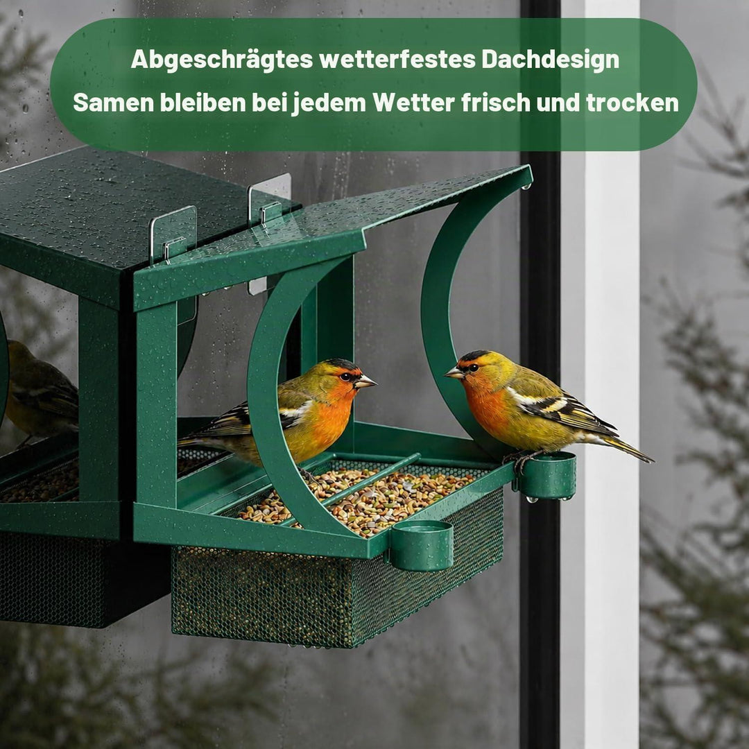 Vogelfutterhaus 2-in-1 | Wetterfeste Futterstation für Fenster und Garten mit Wasserbechern, Regenschutz und Montage ohne Bohren