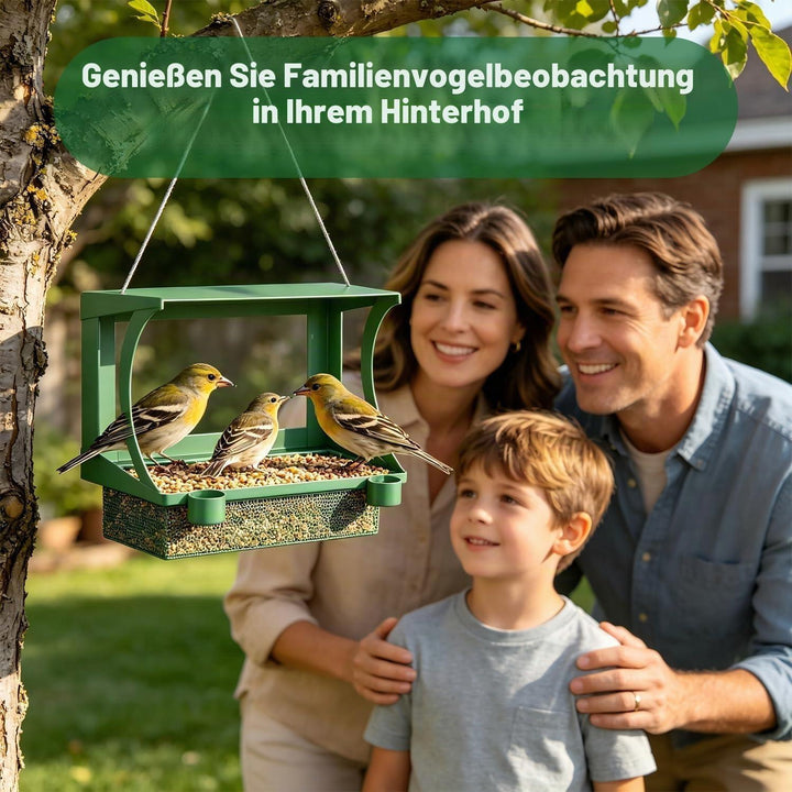 Vogelfutterhaus 2-in-1 | Wetterfeste Futterstation für Fenster und Garten mit Wasserbechern, Regenschutz und Montage ohne Bohren