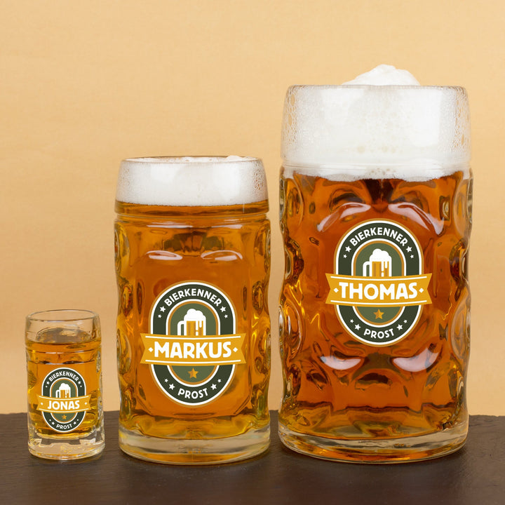 Bierseidel mit Gravur | Personalisierter Bierkrug mit Name in 1 l, 0,5 l oder 4 cl als Geschenk für Bierkenner