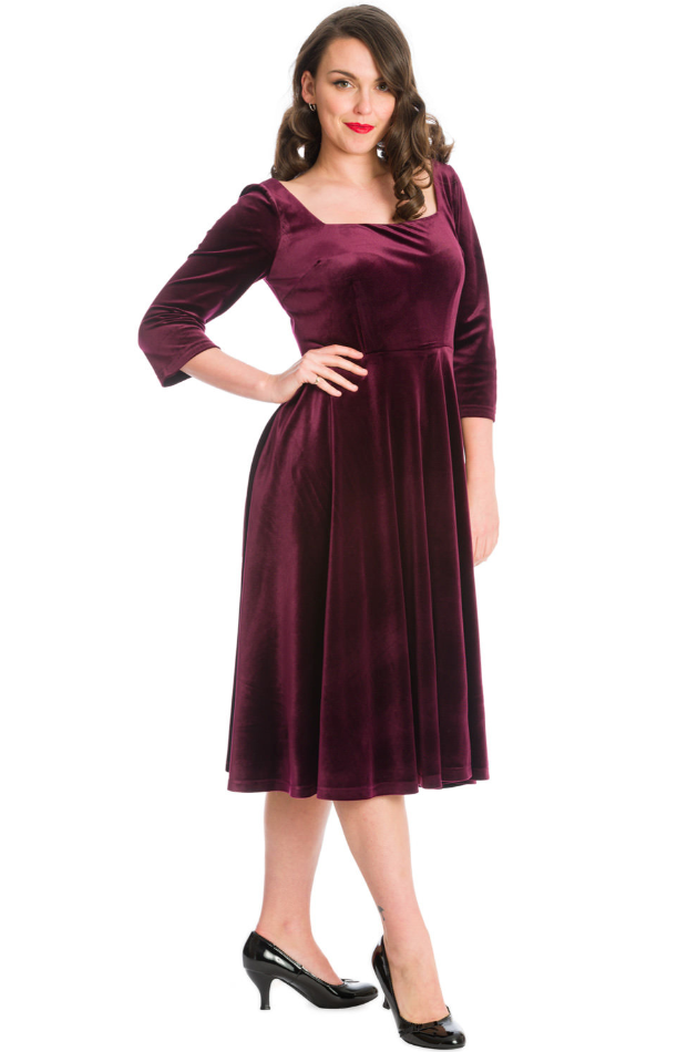 Damen Samtkleid | Elegantes Kleid mit weitem Rock, breitem Ausschnitt und Dreiviertelärmeln für Hochzeiten und festliche Anlässe