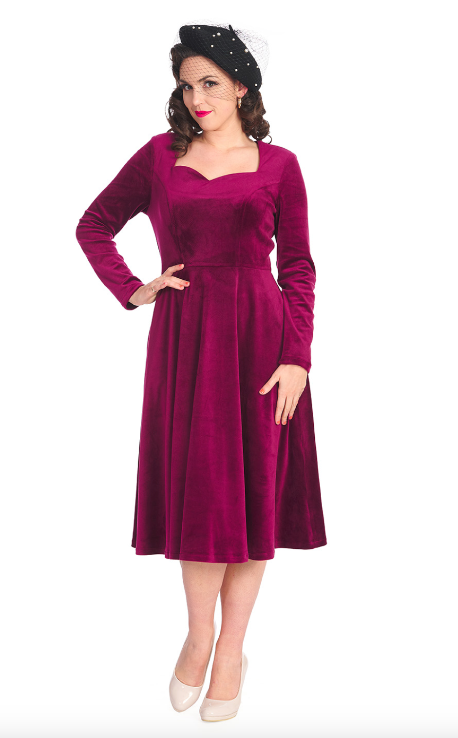 Damen Samtkleid in großen Größen | Elegantes Swingkleid mit herzförmigem Ausschnitt, Dreiviertelärmeln und elastischer Passform