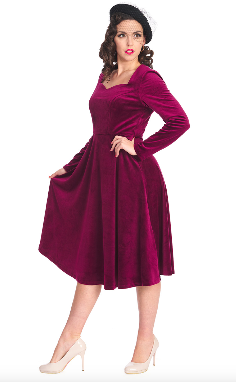 Damen Samtkleid in großen Größen | Elegantes Swingkleid mit herzförmigem Ausschnitt, Dreiviertelärmeln und elastischer Passform