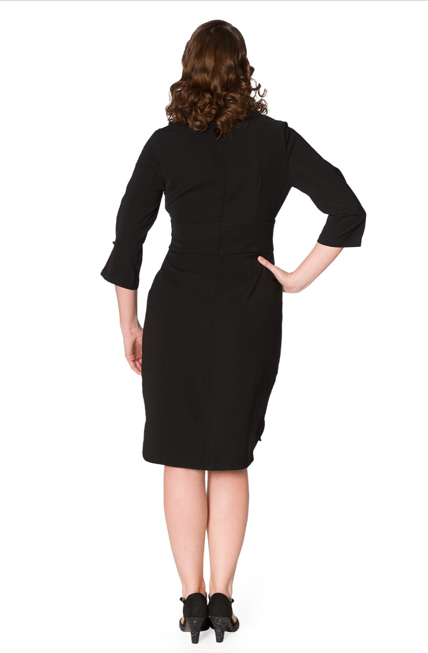Damen Etuikleid | Klassisches knielanges Kleid mit Rundhalsausschnitt, raffinierten Faltendetails und Dreiviertelärmeln für Büro und Alltag