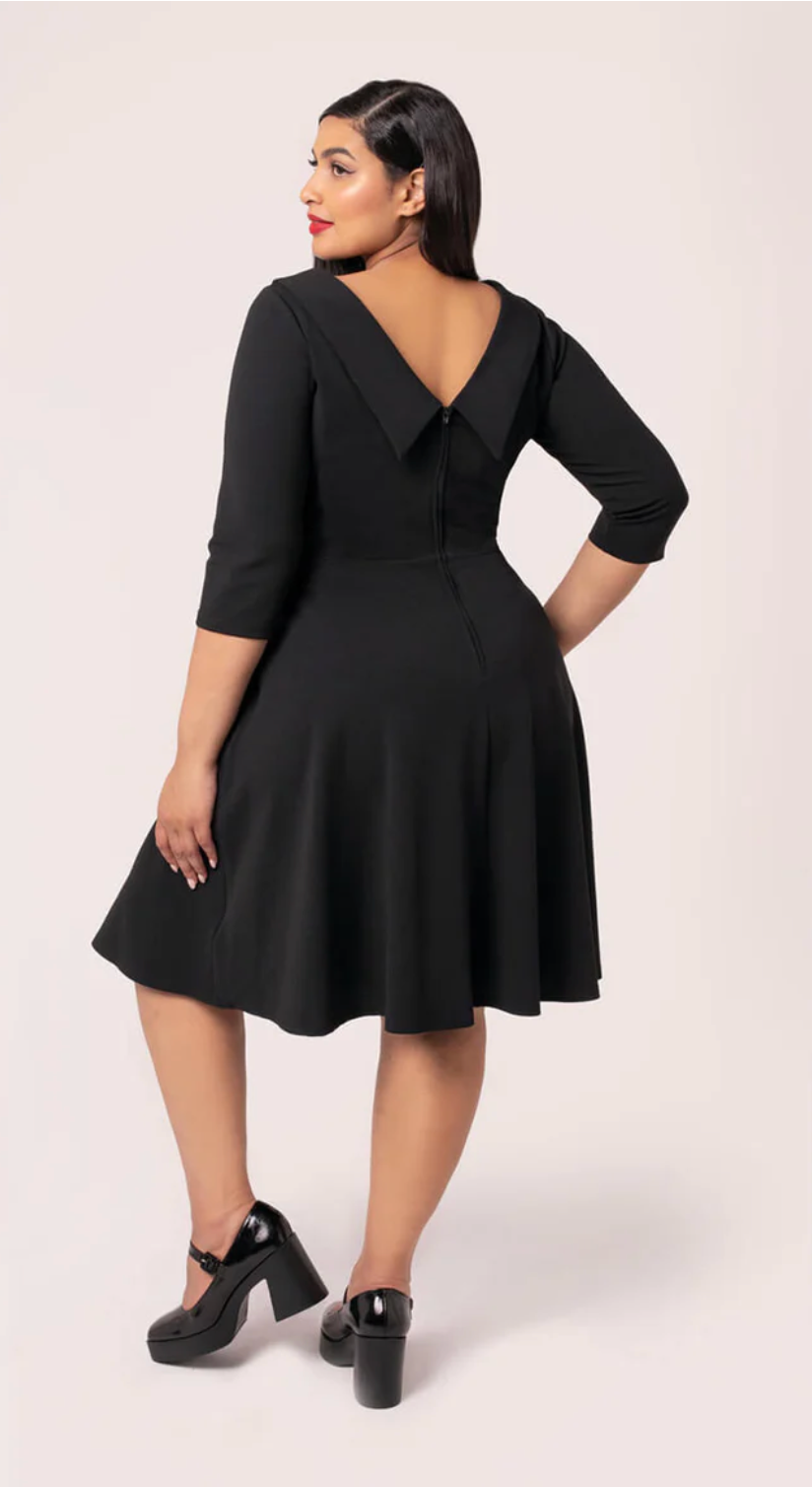 Damen Swingkleid in großen Größen | Elegantes Retro-Kleid mit tiefem Rückenausschnitt, Dreiviertelärmeln und schwingendem Rock