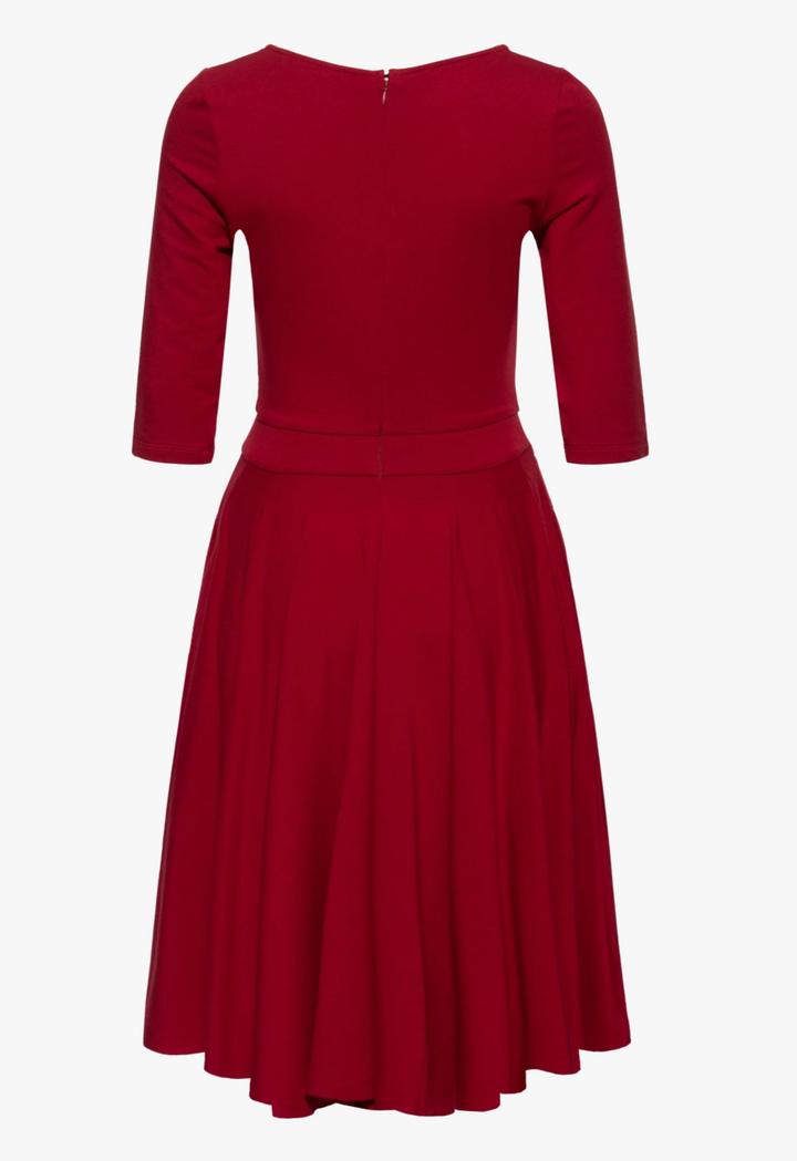 Damen Swingkleid | Figurbetontes Retro-Kleid mit Raffungen am Ausschnitt, Zierknöpfen, breitem Taillenbund und schwingendem Rock