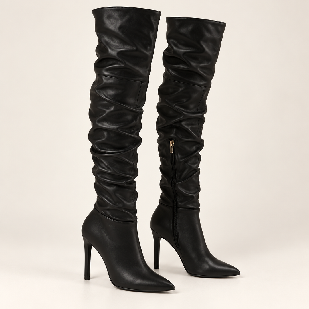 Damen Overknee Stiefel | Hohe Stiefel mit spitzer Schuhspitze, hohem Absatz und seitlichem Reißverschluss für elegante Outfits