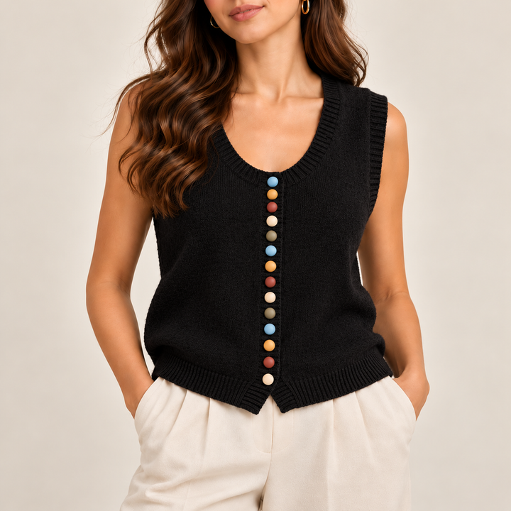 Damen Strickweste mit bunten Knöpfen | Ärmellose Strickjacke mit Rundhalsausschnitt, weicher Strickstruktur und lockerer Passform