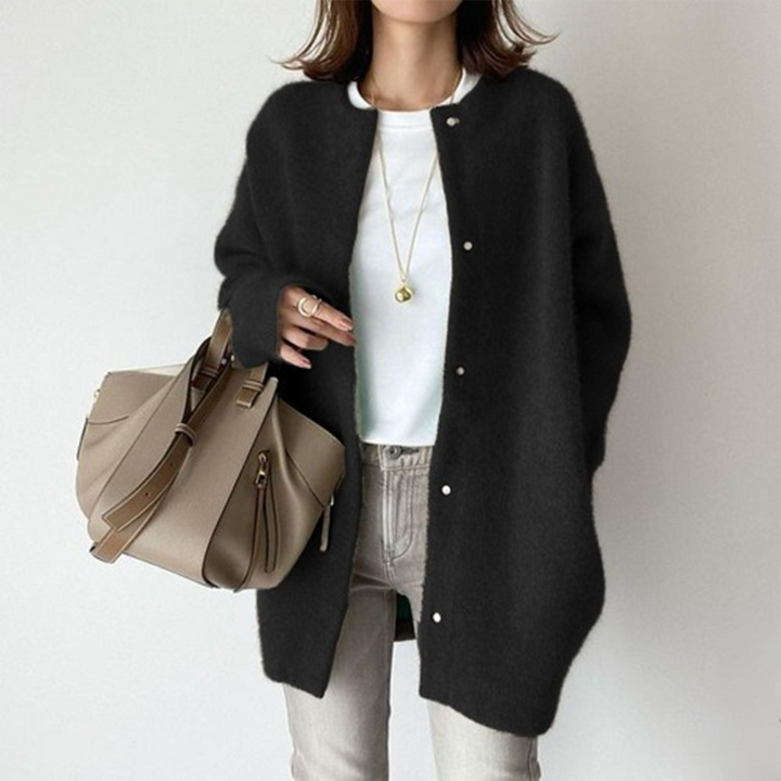 Damen Longcardigan aus weichem Acrylstrick | Lange Strickjacke mit Rundhalsausschnitt und Seitentaschen für Büro und Alltag