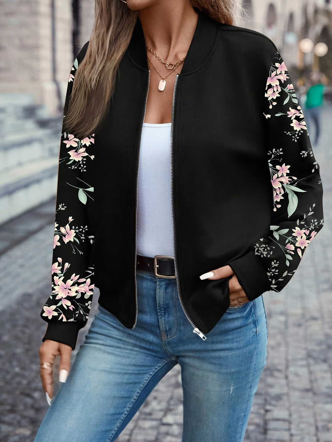 Damen Bomberjacke mit Blumenmuster und Reißverschluss | Leichte Frühlingsjacke mit Baseballkragen und femininem Schnitt für Alltag und Büro