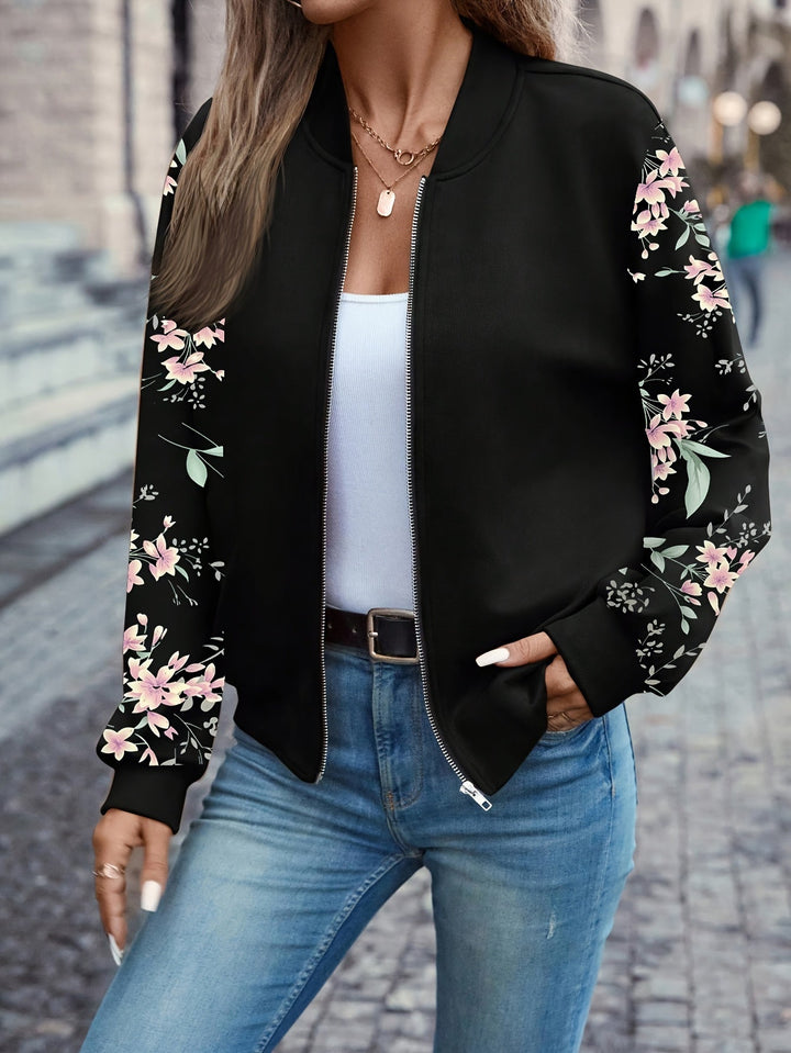 Damen Bomberjacke mit Blumenmuster und Reißverschluss | Leichte Frühlingsjacke mit Baseballkragen und femininem Schnitt für Alltag und Büro