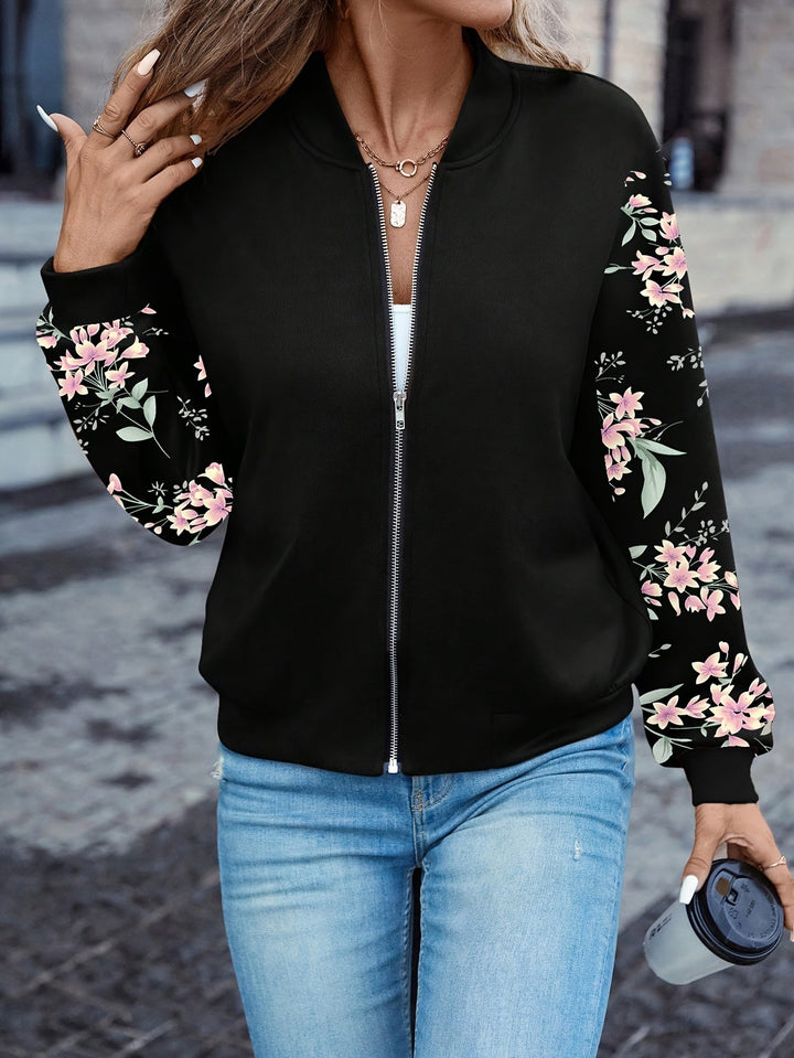 Damen Bomberjacke mit Blumenmuster und Reißverschluss | Leichte Frühlingsjacke mit Baseballkragen und femininem Schnitt für Alltag und Büro