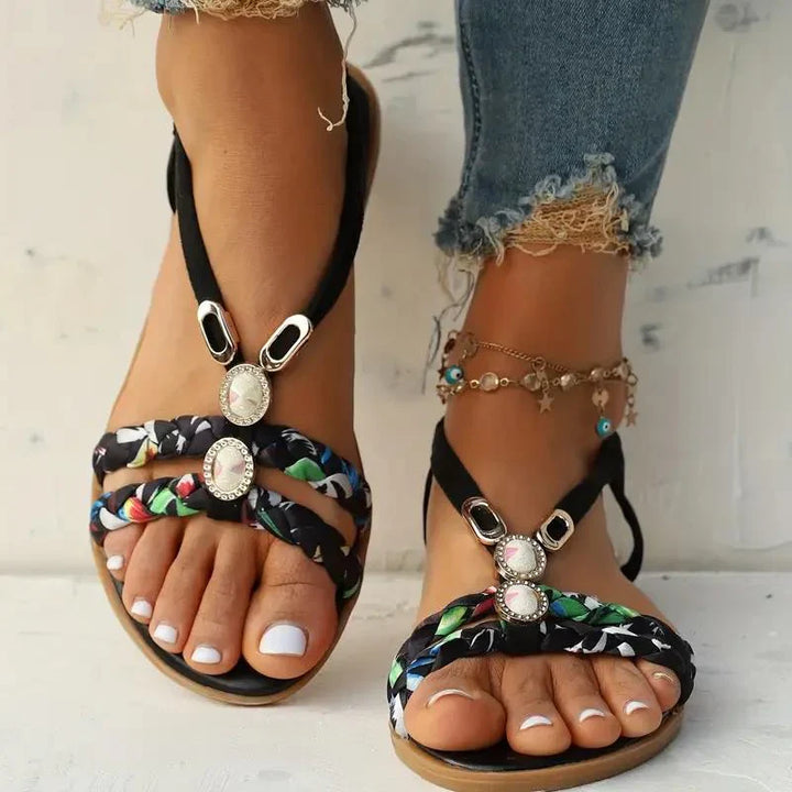 Damen Boho Sandalen mit Perlen | Bequeme Slip-On Sommerschuhe | Leichte Sohle &amp; Luftiges Design | Größen 36–43
