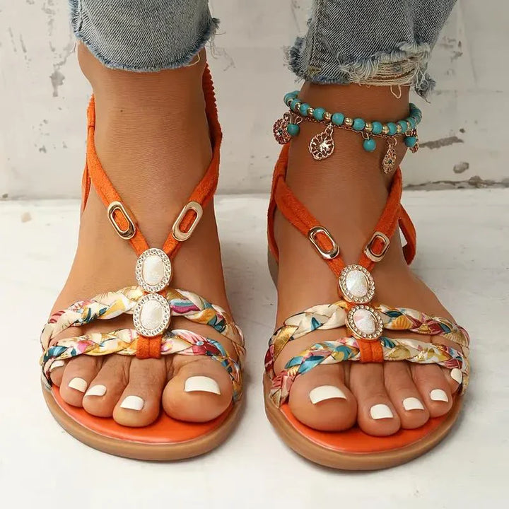 Damen Boho Sandalen mit Perlen | Bequeme Slip-On Sommerschuhe | Leichte Sohle &amp; Luftiges Design | Größen 36–43