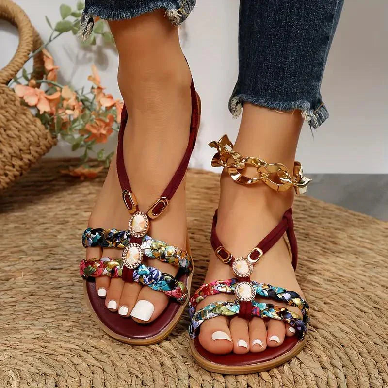 Damen Boho Sandalen mit Perlen | Bequeme Slip-On Sommerschuhe | Leichte Sohle &amp; Luftiges Design | Größen 36–43