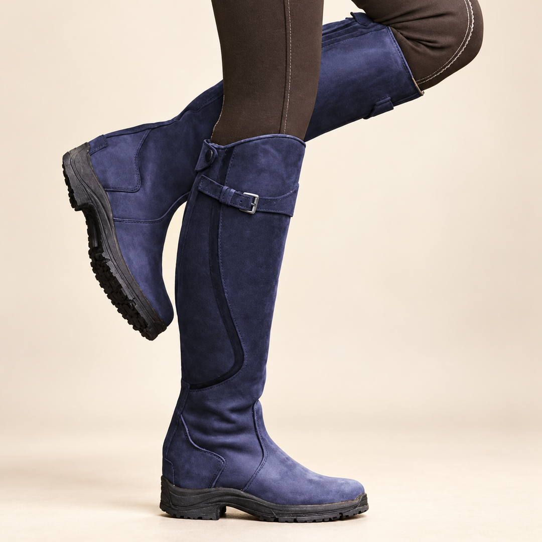 Damen Winterstiefel | Kniehohe Stiefel im Reitstil mit dekorativer Schnalle und seitlichem Reißverschluss für Alltag und Freizeit