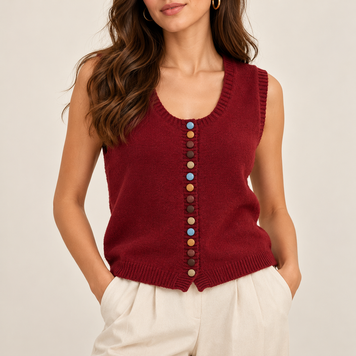 Damen Strickweste mit bunten Knöpfen | Ärmellose Strickjacke mit Rundhalsausschnitt, weicher Strickstruktur und lockerer Passform