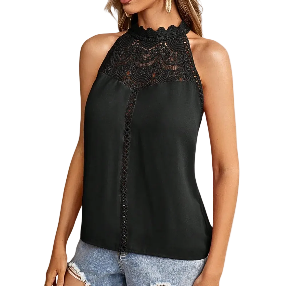 Damen Neckholder Spitzentop mit Häkelspitze | Ärmelloses Sommertop mit floralen Details, freien Schultern und fließender Passform