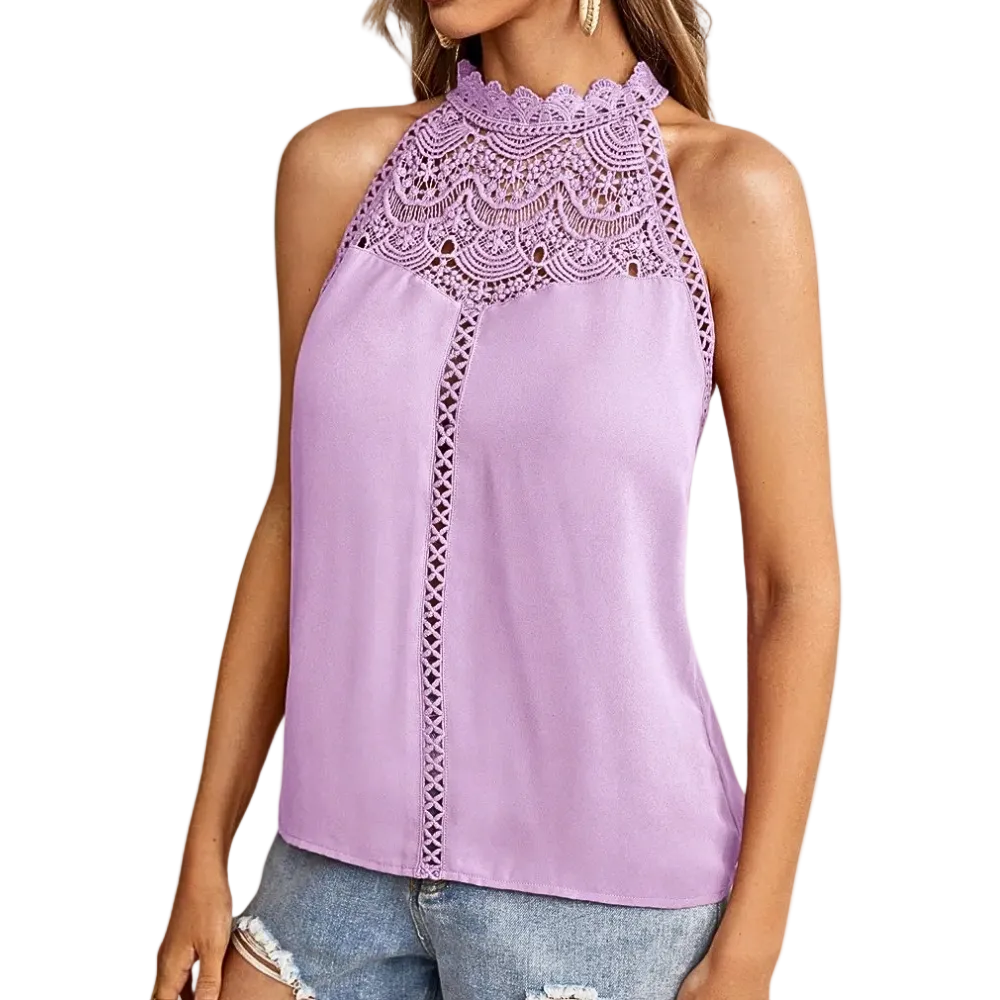 Damen Neckholder Spitzentop mit Häkelspitze | Ärmelloses Sommertop mit floralen Details, freien Schultern und fließender Passform