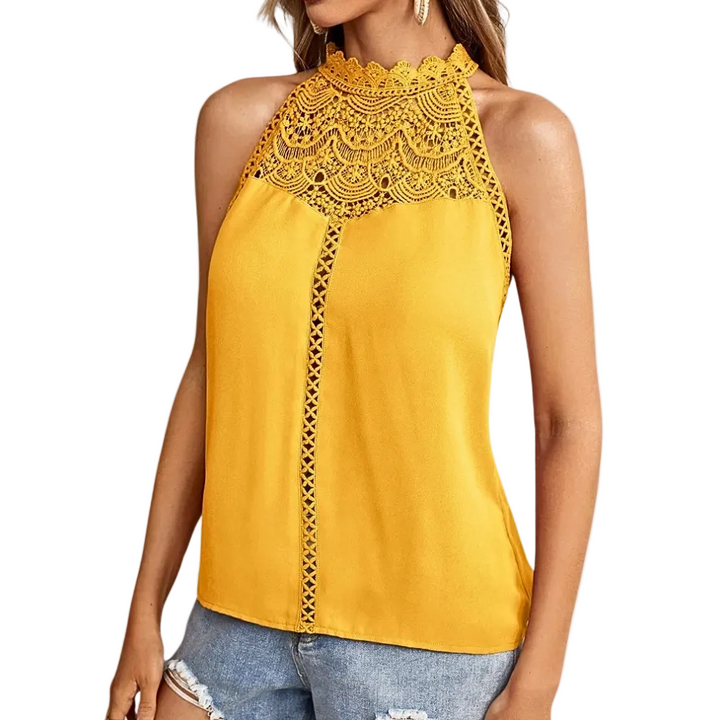 Damen Neckholder Spitzentop mit Häkelspitze | Ärmelloses Sommertop mit floralen Details, freien Schultern und fließender Passform
