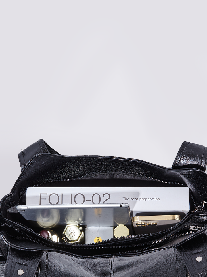 Damen Schultertasche | Große Umhängetasche aus veganem Kunstleder mit Reißverschluss und Laptopfach