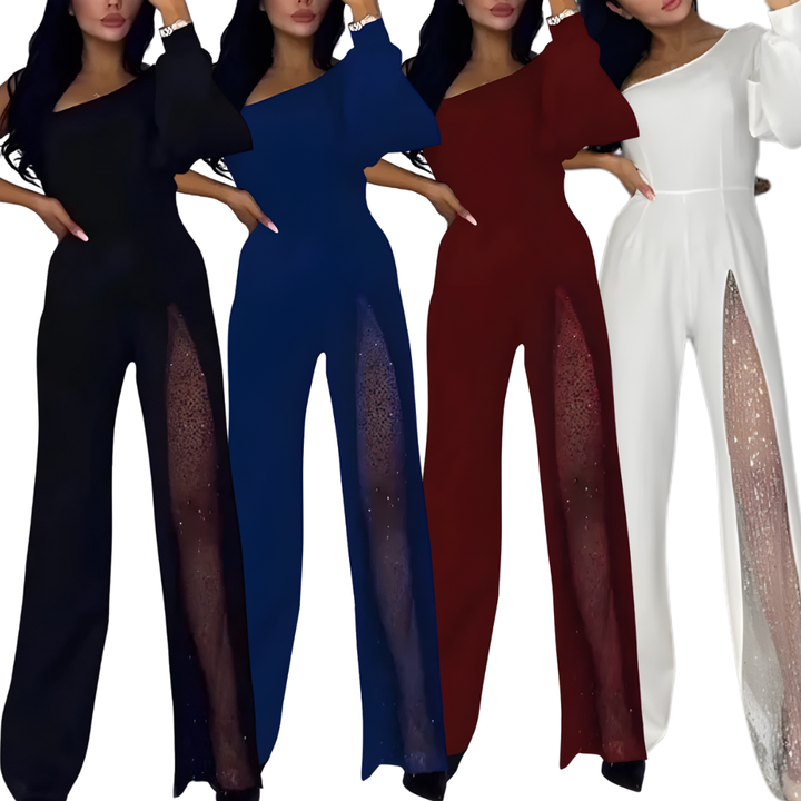 Damen One-Shoulder Jumpsuit mit Glitzer | Eleganter Abendoverall mit Weitem Bein | Figurbetonte Passform für Hochzeit &amp; Party