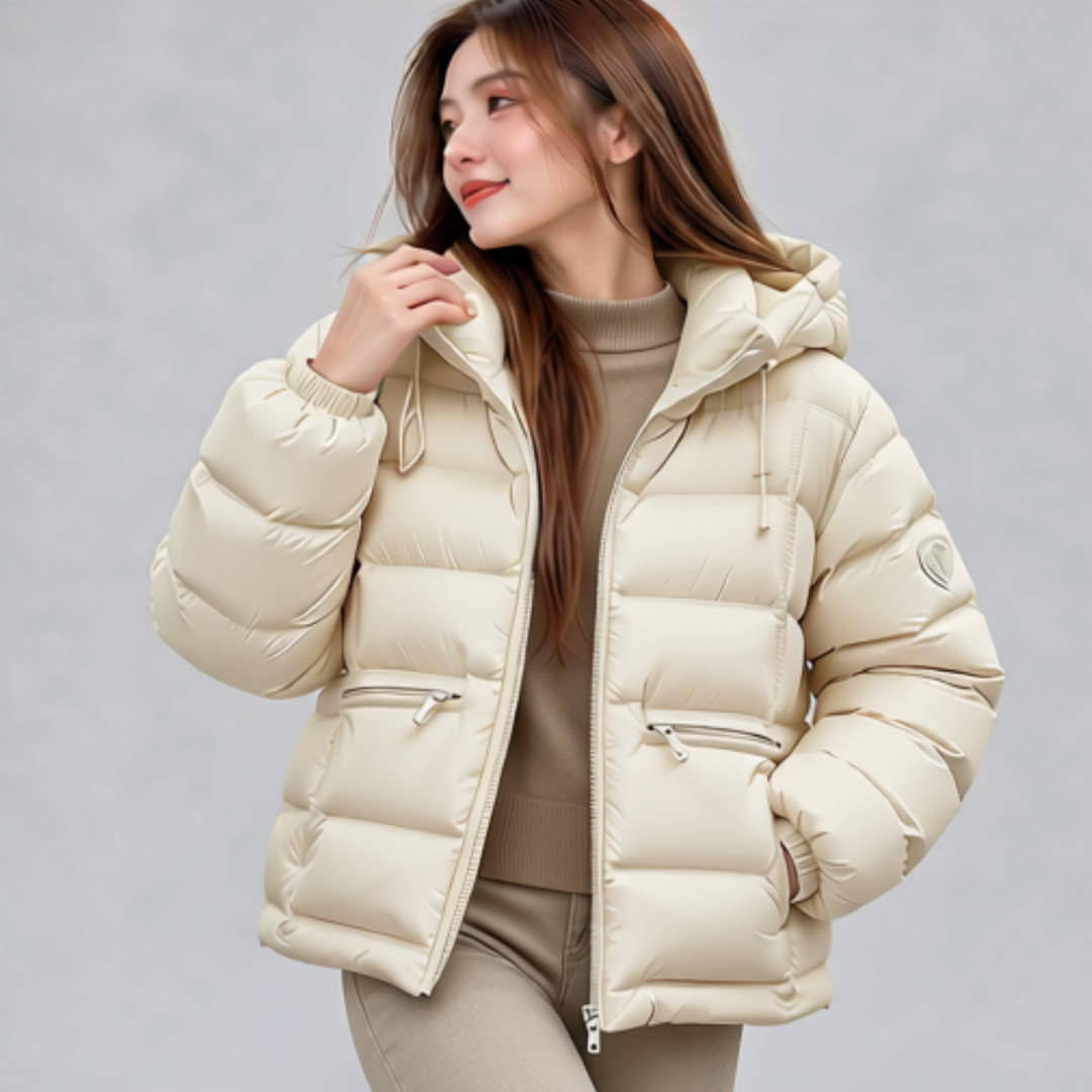 Damen Thermo-Steppjacke mit Kapuze | Kurze Winterjacke mit wärmender Füllung, verstellbarem Saum und verdeckten Reißverschlusstaschen
