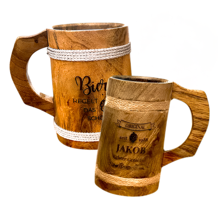 Personalisierter Bierkrug | Holz Bierkrug mit Gravur, Wunschtext oder Grafik in 500 ml oder 700 ml