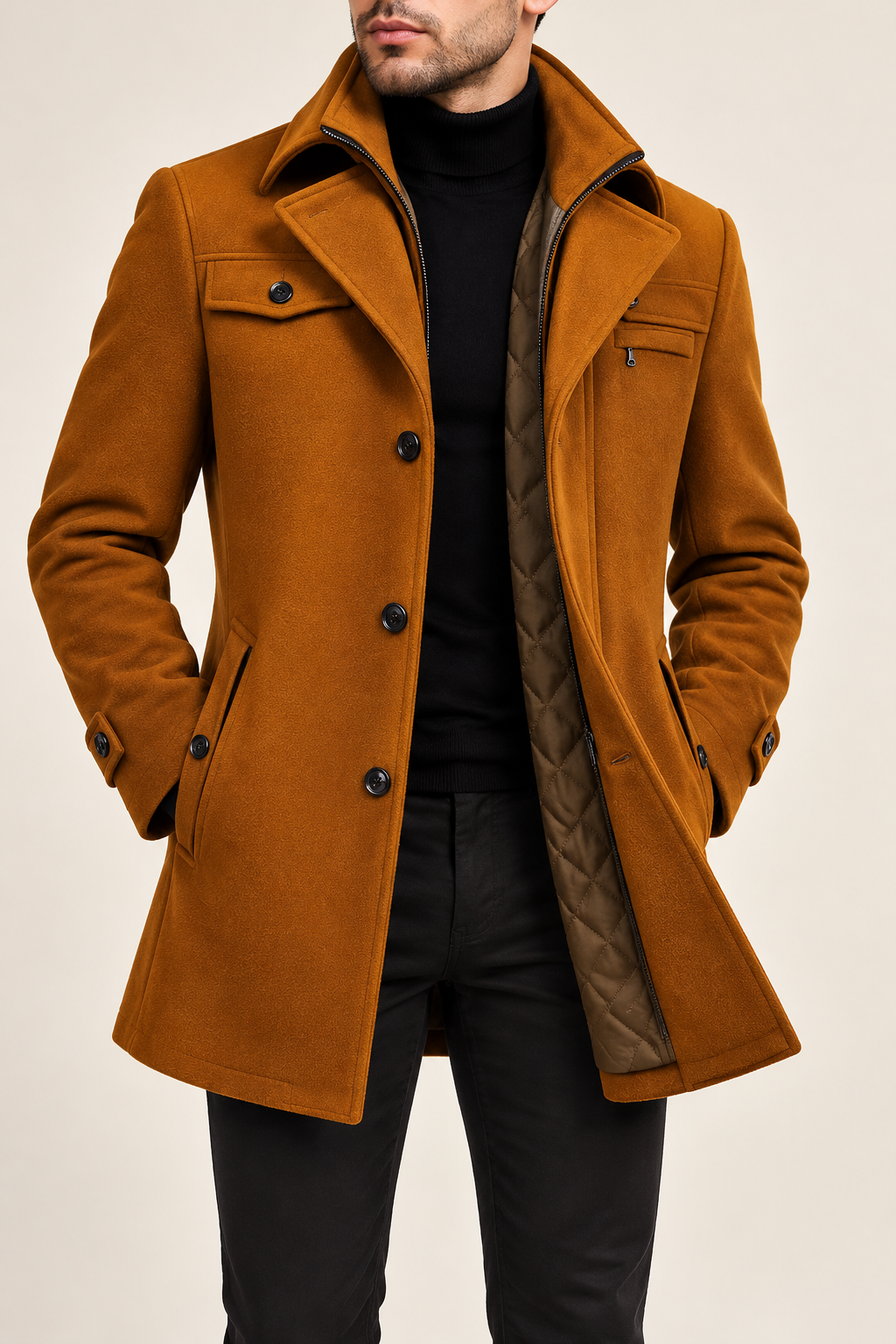 Herren Wollmantel aus 100 % Naturwolle mit Doppelkragen | Schmal geschnittener Wintermantel mit Steppfutter und Knopfleiste