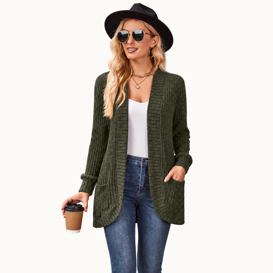 Damen Cardigan | Lange Strickjacke mit offener Front, Rippenstruktur, aufgesetzten Taschen und lockerem Schnitt für Alltag und Büro