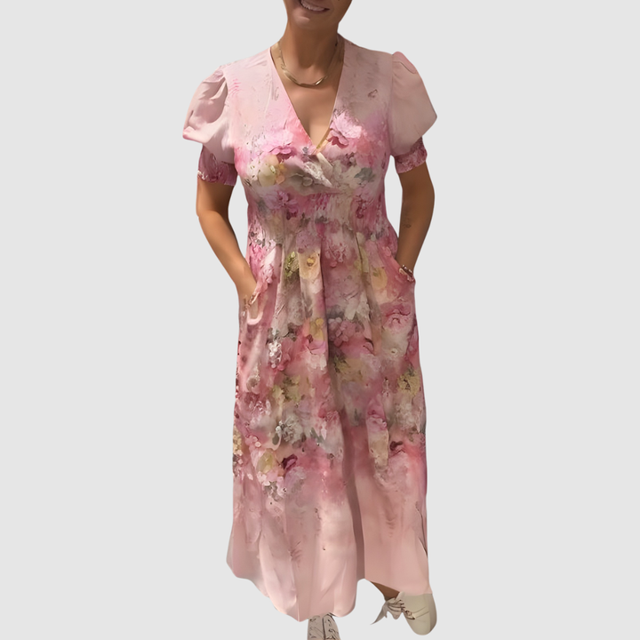 Langes Kleid in Rosa/Lila mit V-Ausschnitt &amp; floralem Muster | Puffärmel, luftig &amp; elegant | für Hochzeit, Party &amp; Alltag