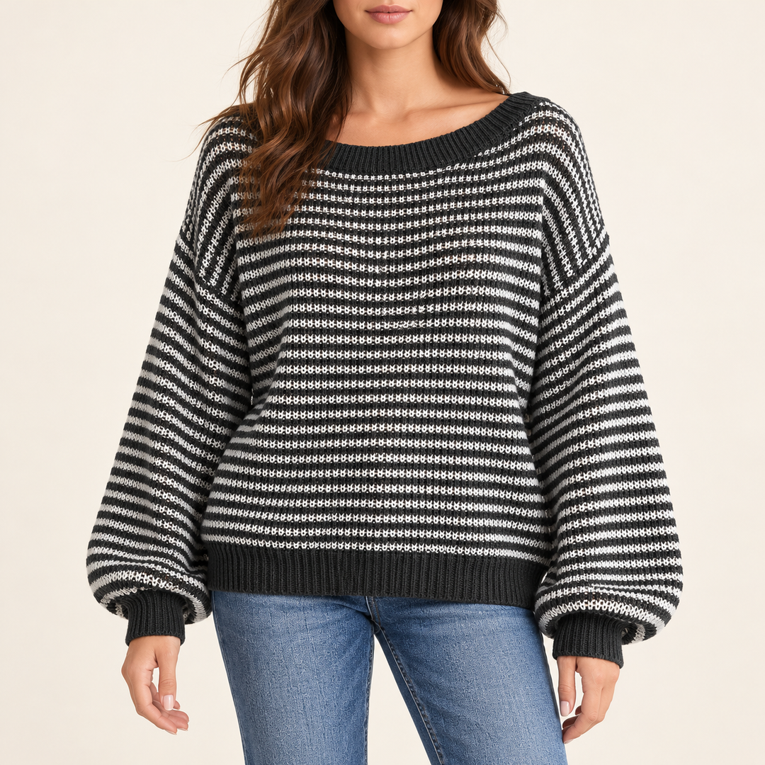 Damen Strickpullover mit Streifenmuster und Rippbündchen | Locker geschnittener Pullover mit Rundhalsausschnitt und langen Ärmeln