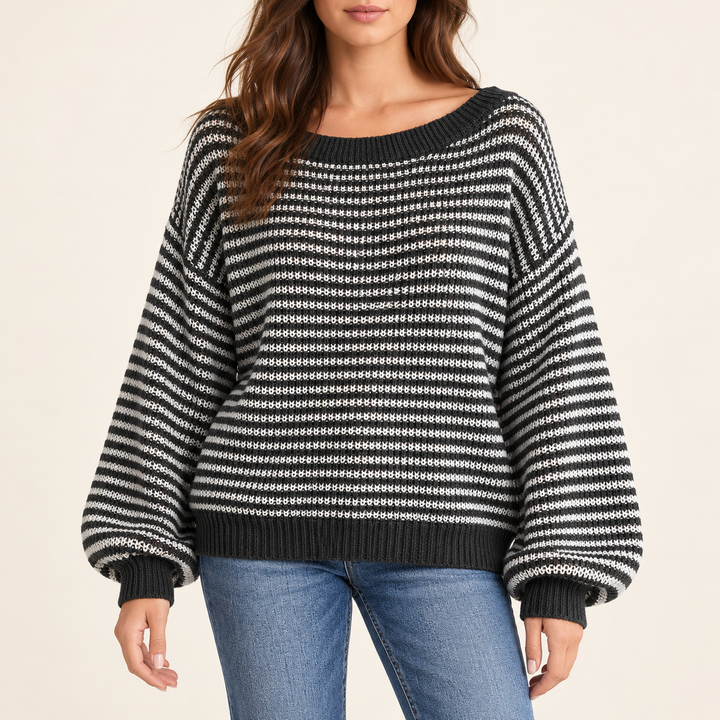 Damen Strickpullover mit Streifenmuster und Rippbündchen | Locker geschnittener Pullover mit Rundhalsausschnitt und langen Ärmeln