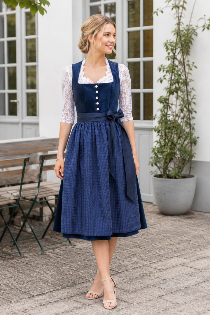 Midi Dirndl Damen | Klassisches Dirndl mit Samtoberteil, Knopfleiste und 65 cm Rocklänge für Volksfeste