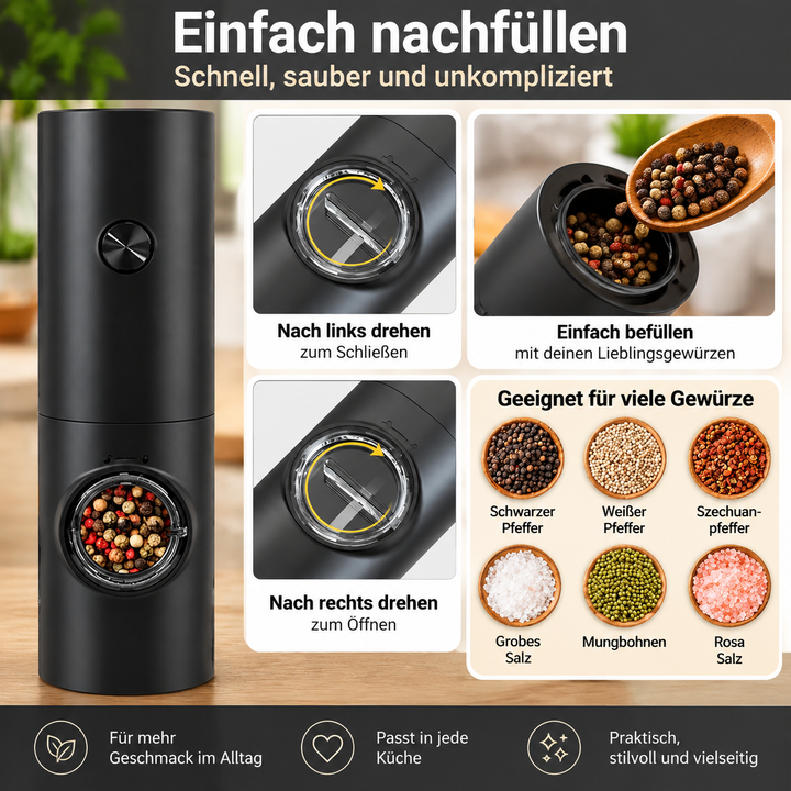 Elektrische Salz- und Pfeffermühlen im 2er Set | Automatische Gewürzmühlen mit LED-Licht, Neigungssensor und einstellbarem Mahlgrad