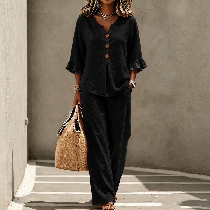 Damen Loungeset aus Baumwollmischung | Zweiteiliges Set mit Rüschenärmeln &amp; weiter Hose | Bequemes Freizeit-Outfit