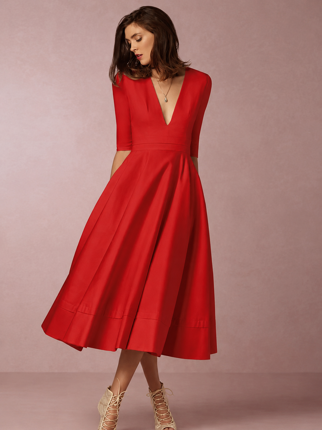 Damen A-Linien-Midikleid | Elegantes Kleid mit V-Ausschnitt und 3/4-Ärmeln