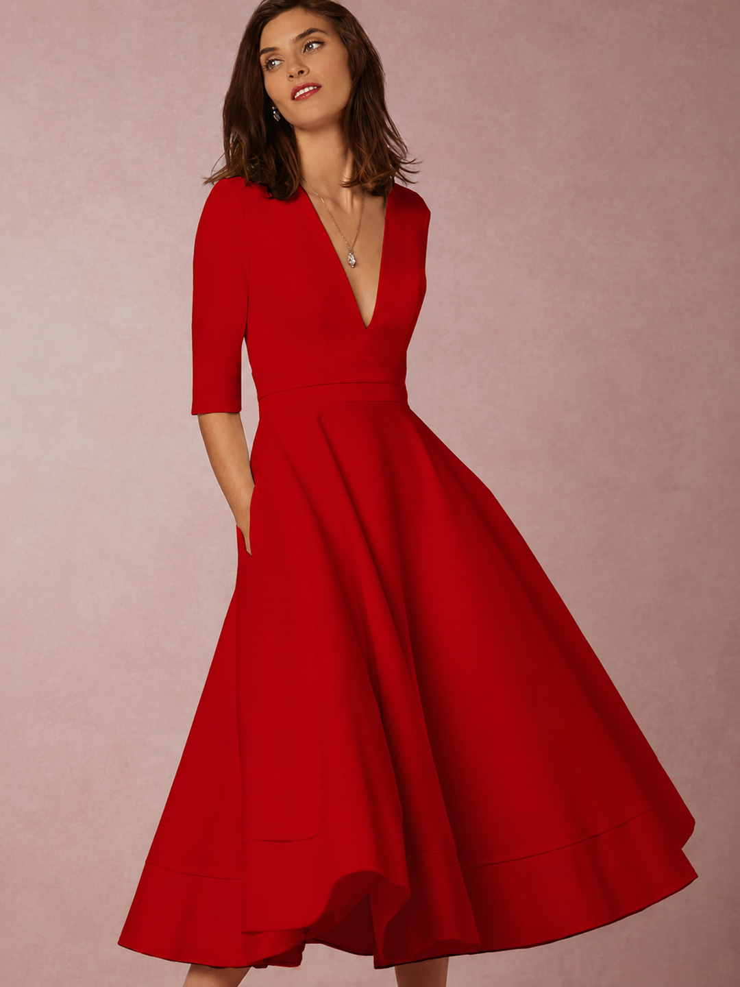 Damen A-Linien-Midikleid | Elegantes Kleid mit V-Ausschnitt und 3/4-Ärmeln