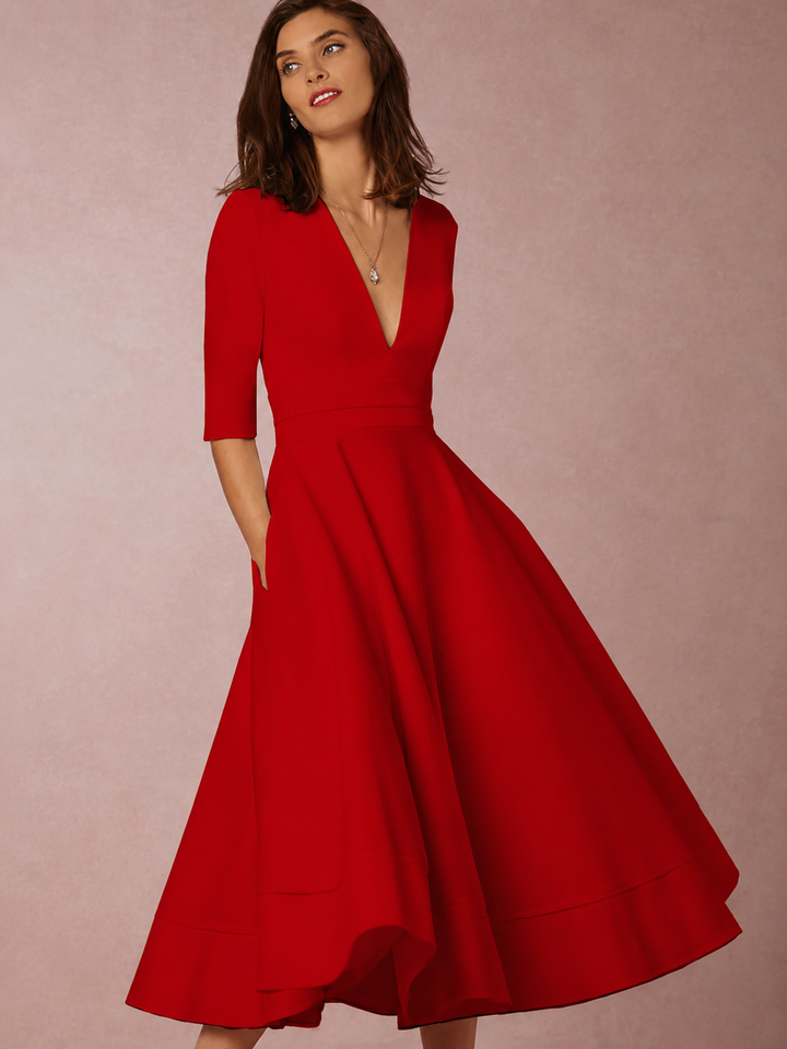 Damen A-Linien-Midikleid | Elegantes Kleid mit V-Ausschnitt und 3/4-Ärmeln
