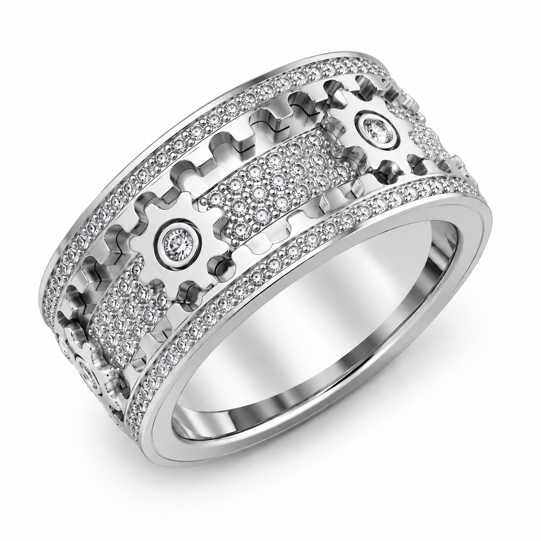 Spinner ring made of stainless steel with 6 gears | Rotatable anti-stress ring with zirconia | Sizes 7–12, mechanical design