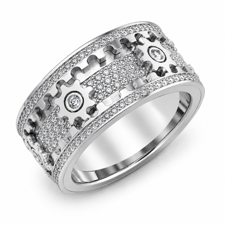 Spinner ring made of stainless steel with 6 gears | Rotatable anti-stress ring with zirconia | Sizes 7–12, mechanical design