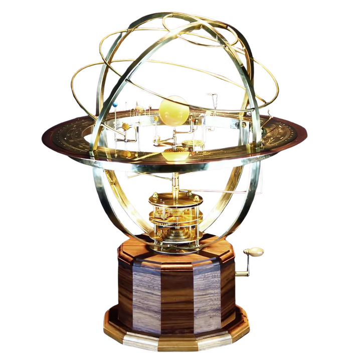 Mechanical Solar System Model made of Brass &amp; Semi-Precious Stones | 9 Planets + 28 Moons | Oak Wood Base, Movable Orbits